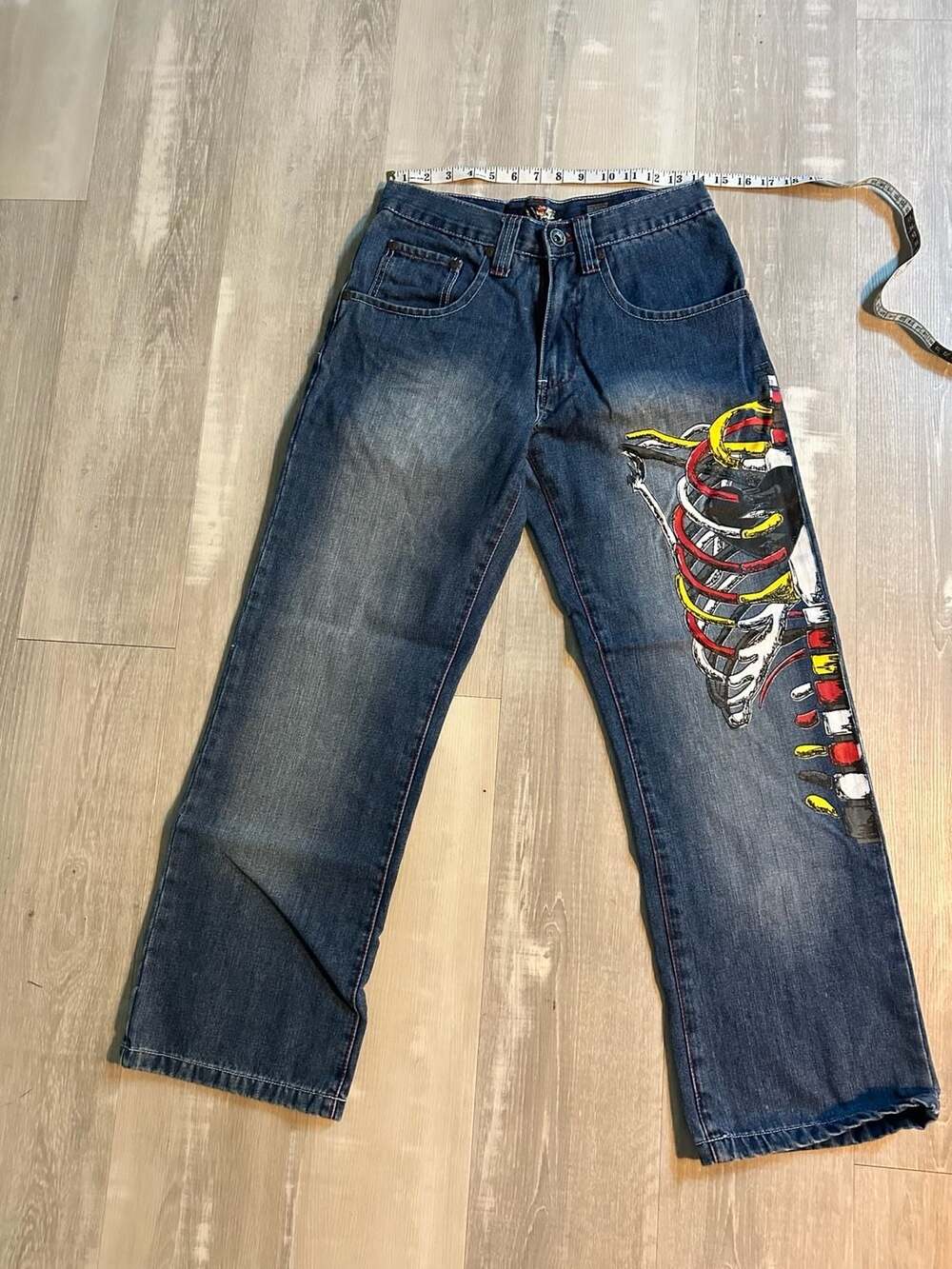 Y2K Vintage Ed Hardy Men's Relaxed Fit Jeans with Skeleton Ribcage Graphic Embro